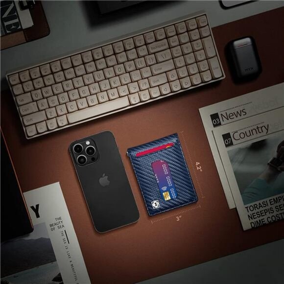 Slim Card Holder Wallet for Men with Money Clip (Carbon Fiber & Blue) - Picture 2 of 6